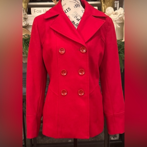 Guess Jackets & Blazers - Guess Red Wool Blend Double Breasted Big Button Pea Coat Women’s Medium Luxury